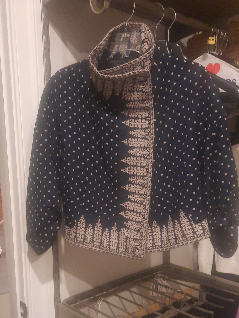 BCBGMaxAzria Navy and Cream Patterned Coat